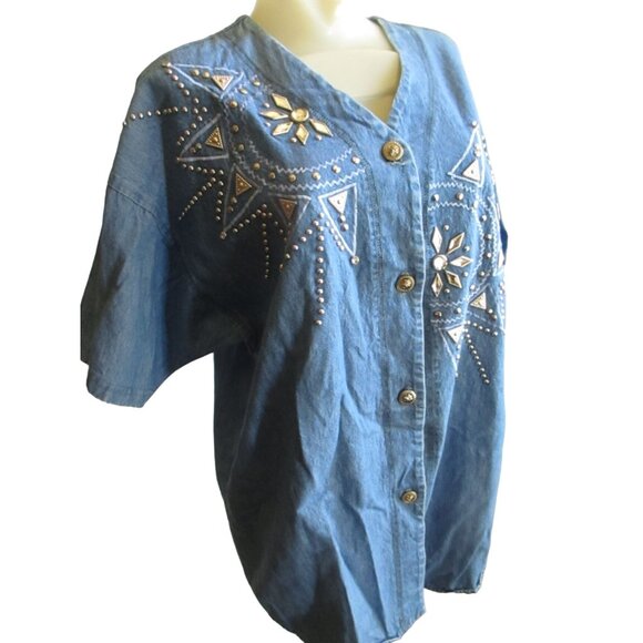 2XL Vintage Women's Denim Top Studded Rhinestone 1990's Mom Jacket USA MADE XXL - Picture 2 of 9
